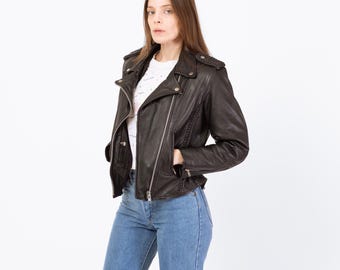 90s Black Leather Jacket Wilsons Motorcycle Biker Moto Belted Zip