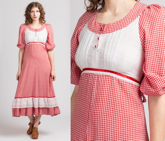 60s 70s Gingham Prairie Maxi Dress - Small | Vinta