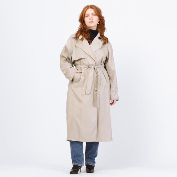 Vintage 80s Iridescent Taupe Gingham Trim Trench Coat - Medium