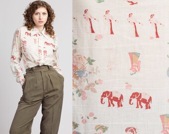 70s Indian Novelty Print Top - Men's Large | Vintage Lightweight Button Up Collared Disco Shirt