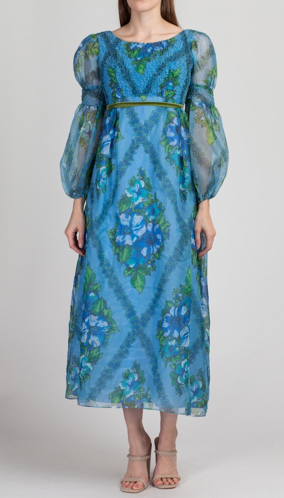 XS 60s Blue Floral Juliet Sleeve Maxi Dress Petit… - image 2