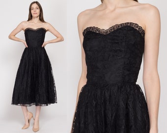 XS-Sm 80s Black Lace Strapless Party Dress | Vintage Fit & Flare Gothic Formal Midi Dress