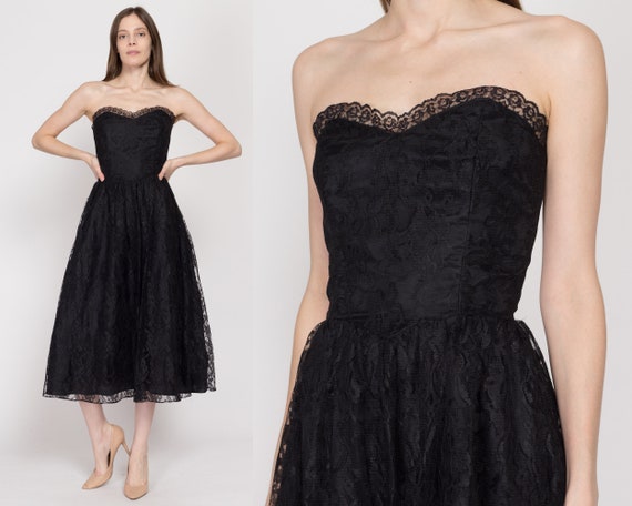 XS-Sm 80s Black Lace Strapless Party Dress | Vint… - image 1