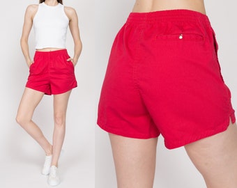 Small 90s Red Cotton Elastic Waist Shorts | Vintage High Rise Causal Pocket Athletic Shorts