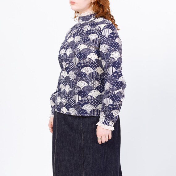 Vintage 70s Fish Scale Patchwork Print Blouse - L… - image 5