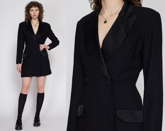 Small 80s Black Mini Power Suit Romper | Vintage Ann Taylor Long Sleeve Wrap Secretary Outfit