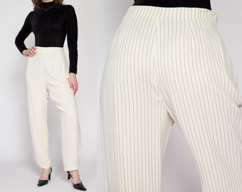 Med-Lrg 90s White & Black Pinstripe Trousers 30" | Vintage Liz Claiborne High Waisted Tapered Leg Pleated Pants