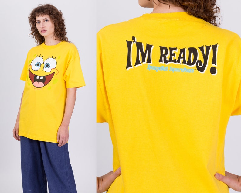 Large Y2K Spongebob I'm Ready T Shirt Vintage 2001 Yellow Nickelodeon Cartoon Graphic Tee image 1