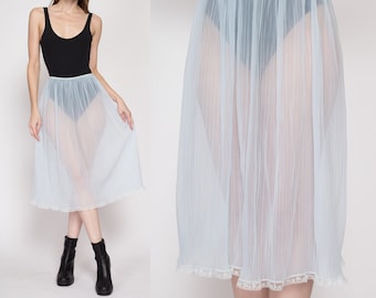 Sm-Lrg 60s Sheer Baby Blue Lingerie Skirt | Vintage High Waisted Midi Pleated Slip Skirt