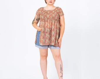 Vintage 90s Floral Shirred Bodice Babydoll Top - Large | Micro Mini Dress Layering Piece, Boho Short Sleeve Blouse