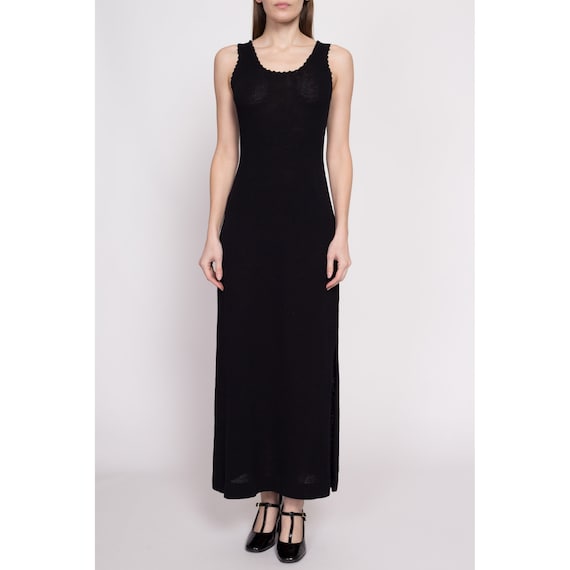 70s Black Knit Side Slit Maxi Dress Medium | Vint… - image 2