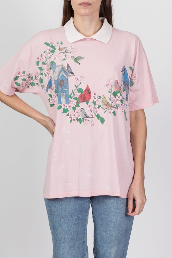 Large 90s Pink Birdhouse Collared T Shirt | Vinta… - image 3