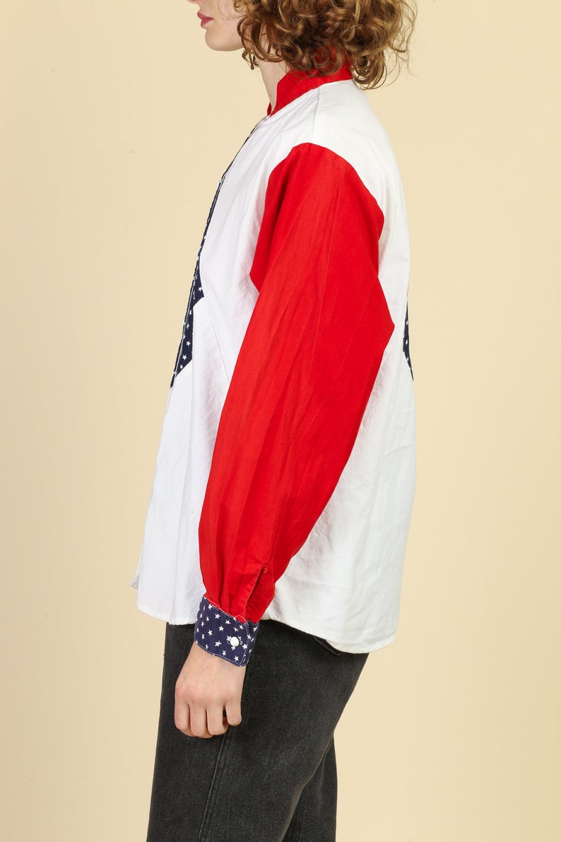 Large Vintage Red White /& Blue Button Up Flag Shirt 80s Americana Western Shirt