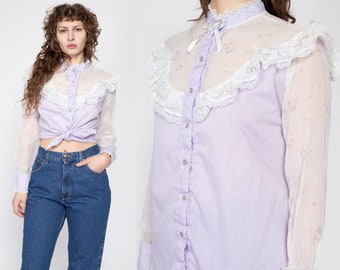 Large 70s Pastel Purple Western Lace Trim Prairie Blouse | Vintage Sheer Floral Long Sleeve Pearl Snap Boho Top