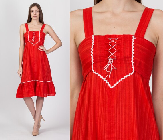 XXS 70s Red Corset Tie Midi Sundress | Vintage Bo… - image 1