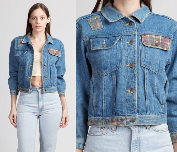 XS 80s 90s Cropped Plaid Trim Jean Jacket Petite Vintage Denim