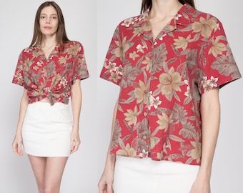 XL 80s Red Tropical Leaf Print Short Sleeve Blouse | Vintage Tapestry Brand Boho Collared Button Up Top
