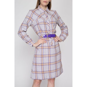 Medium 60s Mod Plaid Belted Shirtdress Vintage Purple White Long Sleeve Knit Mini Dress image 3