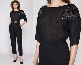 Sm-Med 70s 80s Black Sequin Disco Jumpsuit | Vintage 3/4 Sleeve Retro Sheer Bodice Pantsuit