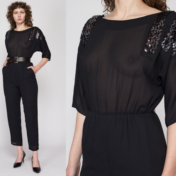 Sm-Med 70s 80s Black Sequin Disco Jumpsuit | Vintage 3/4 Sleeve Retro Sheer Bodice Pantsuit