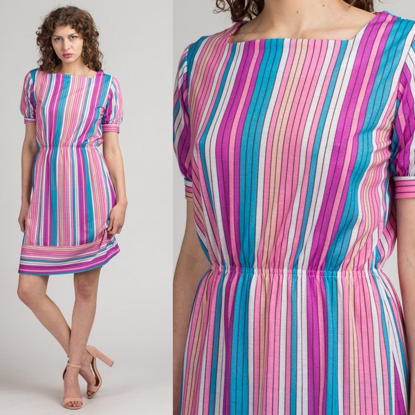 80s Striped Mini Dress Medium | Vintage Retro Colorful Girly Short Sleeve Secretary Minidress