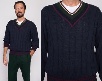 Medium 90s Michael Gerald Cotton Cable Knit Tennis Sweater Men's | Vintage Navy Blue Preppy Striped V Neck Cricket Pullover