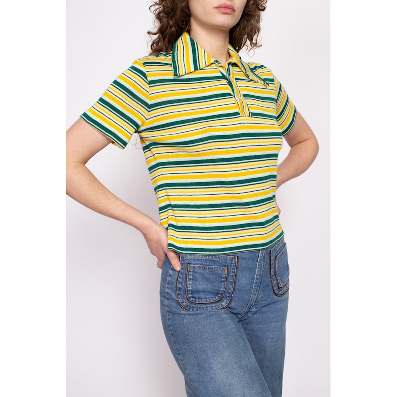 70s Yellow & Green Striped Cropped Polo Shirt Large - Etsy