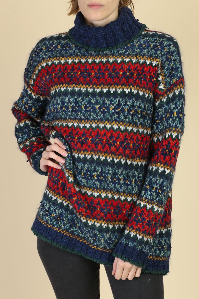 Medium 90s Lizwear Mohair Turtleneck Sweater Vintage Striped Knit Pullover Jumper