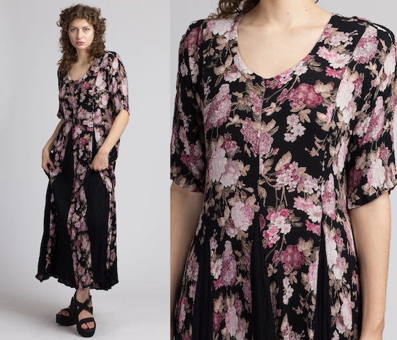 90s Boho Black Floral Maxi Dress - Large | Vintage