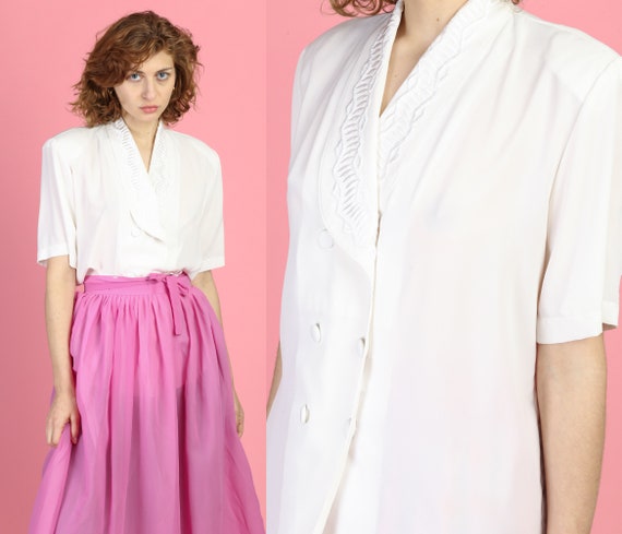80s White Embroidered Collar Blouse - Large | Vint