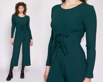 90s Grunge Emerald Green Tie Front Jumpsuit Small | Vintage All That Jazz Boho Long Sleeve Romper Outfit