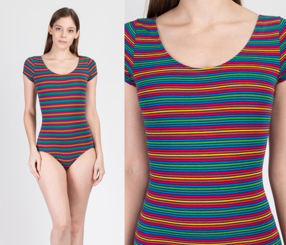 80s Rainbow Striped Leotard Bodysuit - Small | Vin