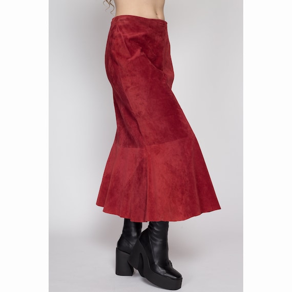 Medium 90s Boho Raspberry Red Suede Midi Skirt | … - image 4