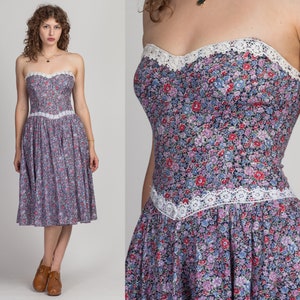 Small Gunne Sax Dress 70s Floral Boho Hippie Party Dress | Vintage 1970s Prom Fit & Flare Princess Waist Crochet Trim Lace Midi Dress