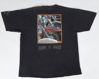 Vintage 1996 Harley Davidson "Fork It Over" T Shirt Extra Large | 90s Distressed Unisex Black Motorcycle Graphic Souvenir Tee