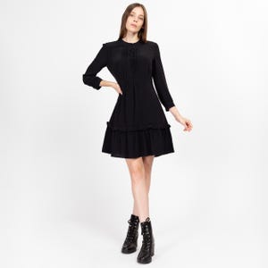 Small Y2K Miu Miu Black Silk Gothic Mini Dress | Vintage Designer 3/4 Sleeve Ruffle Party Dress