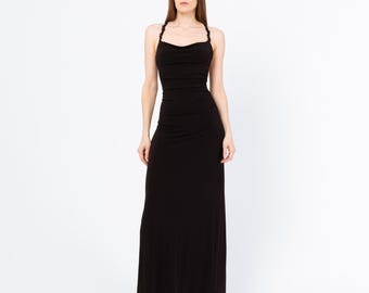 Vintage 90s Black Strappy Open Back Maxi Dress - Small | Floral Strap Criss Cross Back, Sexy Formal Evening Gown