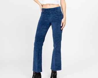 Small 70s Blue Corduroy Kick Flare Pants | Vintage Cords Mid Rise Retro Bootcut Trousers