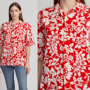 Large 60s 70s Hawaiian Floral Tiki Top Men's Vintage Red & White Button Up Aloha Shirt image 1