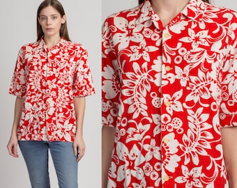 Large 60s 70s Hawaiian Floral Tiki Top Men's | Vintage Red & White Button Up Aloha Shirt
