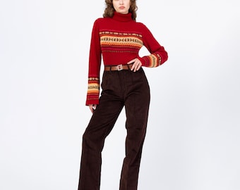 Pantalones de terciopelo marrón de cintura alta, estilo chic de los años 70 de H.I.S., de stock remanente - Pantalones de cintura alta con pernera media/recta.