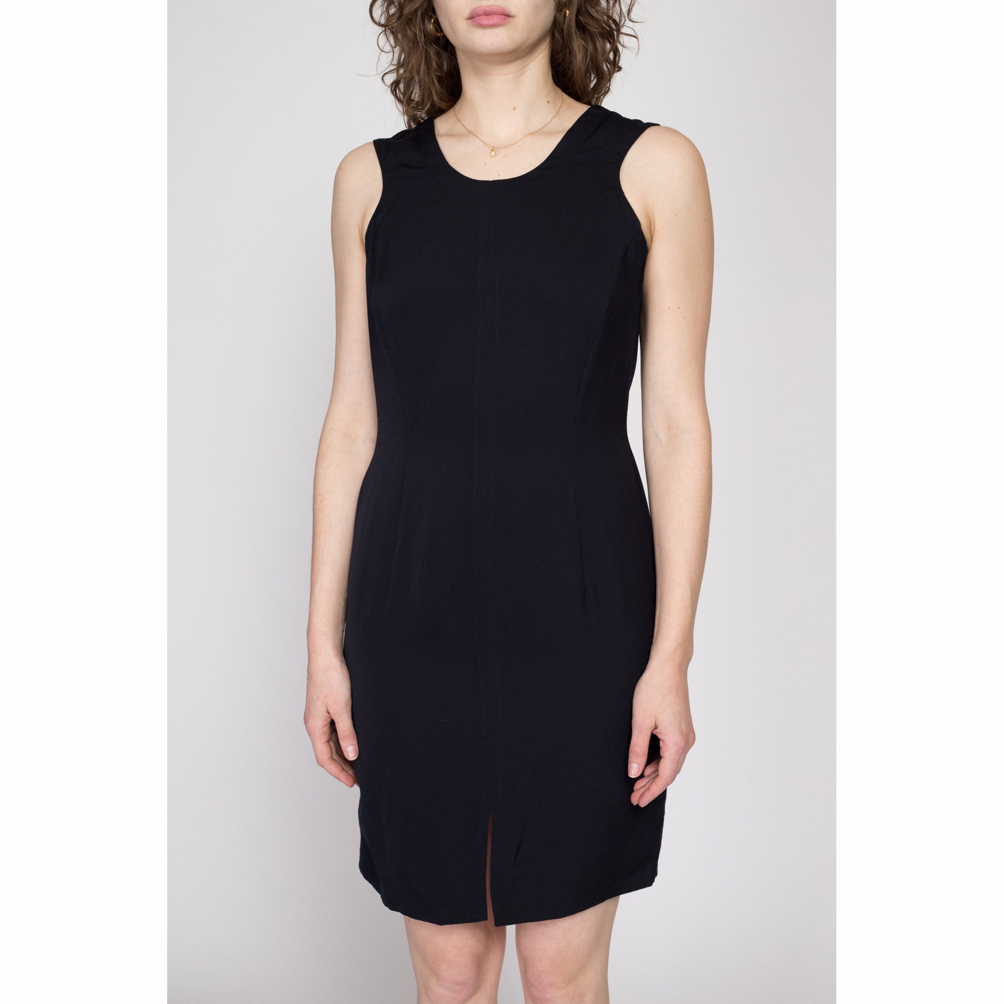 90s Giorgio Armani Black Mini Cocktail Dress - Medium | Vintage Minimalist Sleeveless Skirt Slit Sheath Party Dress