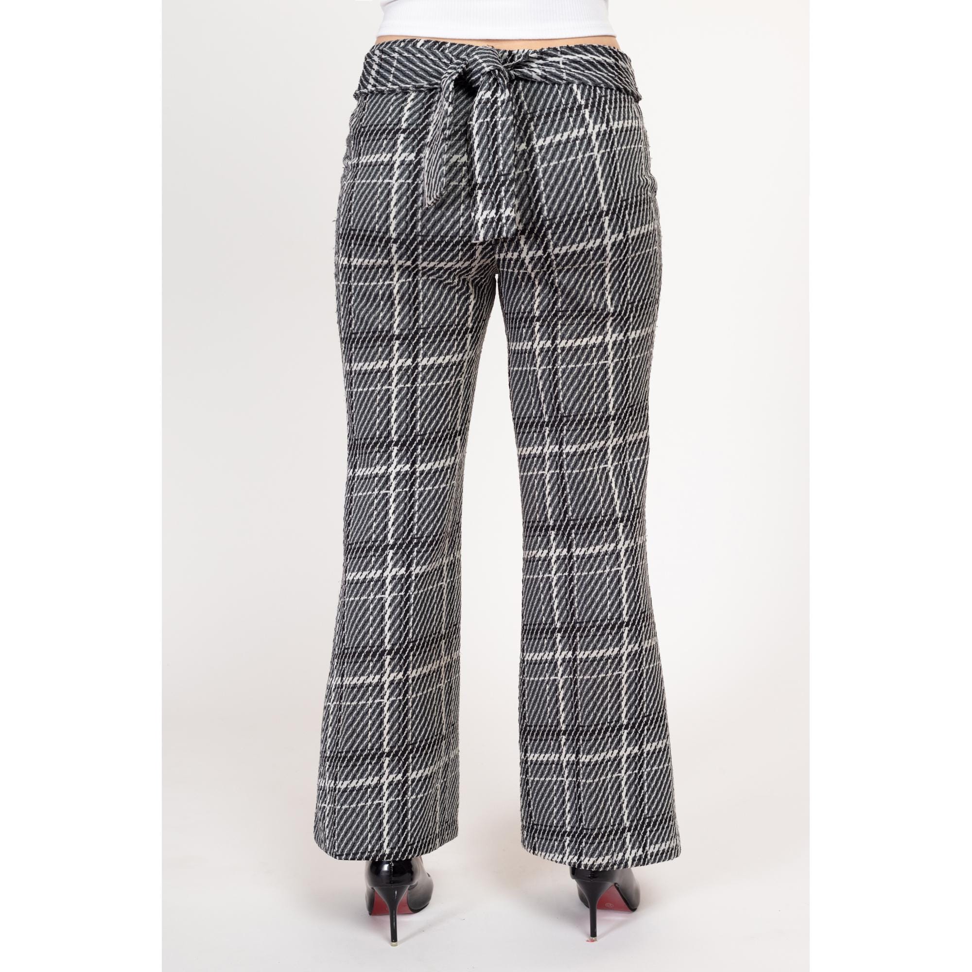 Medium 70s Black & White Plaid Flared Pants | Vintage High Rise