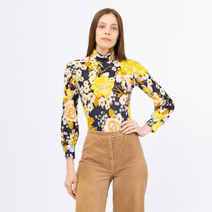 Vintage 70er Jahre Floral Langarm Body Top - Extra Small | Retro Mockneck Bluse, Navy Blau & Gelb One Piece Disco-Shirt