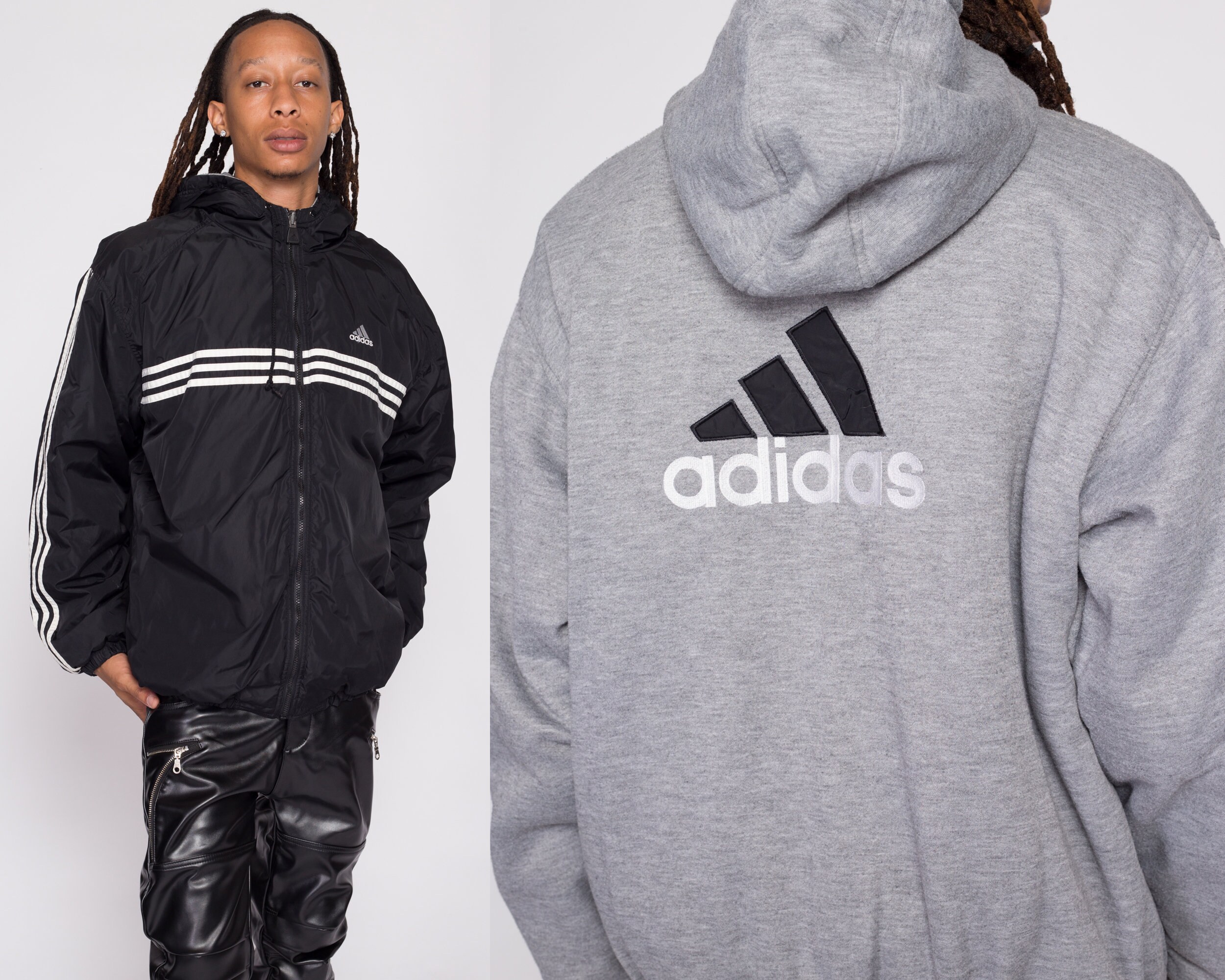 Adidas Reversible Hooded Jacket Y2K Windbreaker Black Grey 