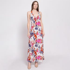 XS-Sm 70s Psychedelic Trumpet Flower Print Halter Maxi Dress | Vintage Boho Floral Backless Towel Sundress