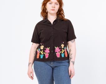 Vintage 90s Flower Pot Applique Novelty Shirt - Medium | Black Cotton Floral Patchwork Button Up Short Sleeve Collared Blouse
