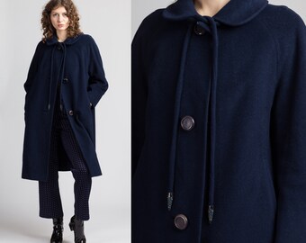 1950s Navy Blue Rothmoor Swing Coat - Large | Vintage Collared Button Up Long Winter Jacket