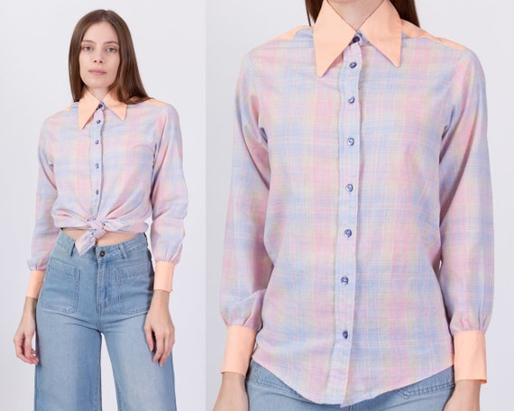 70s Pastel Plaid Western Shirt Small | Vintage Bu… - image 1