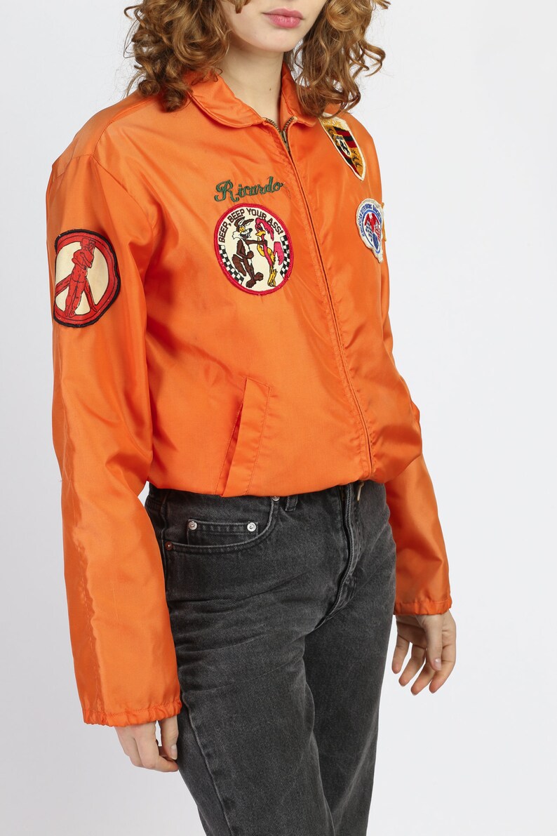 Retro 70s Orange Novelty Patch Windbreaker Men/'s Medium Vintage Zip Up Lightweight Jacket